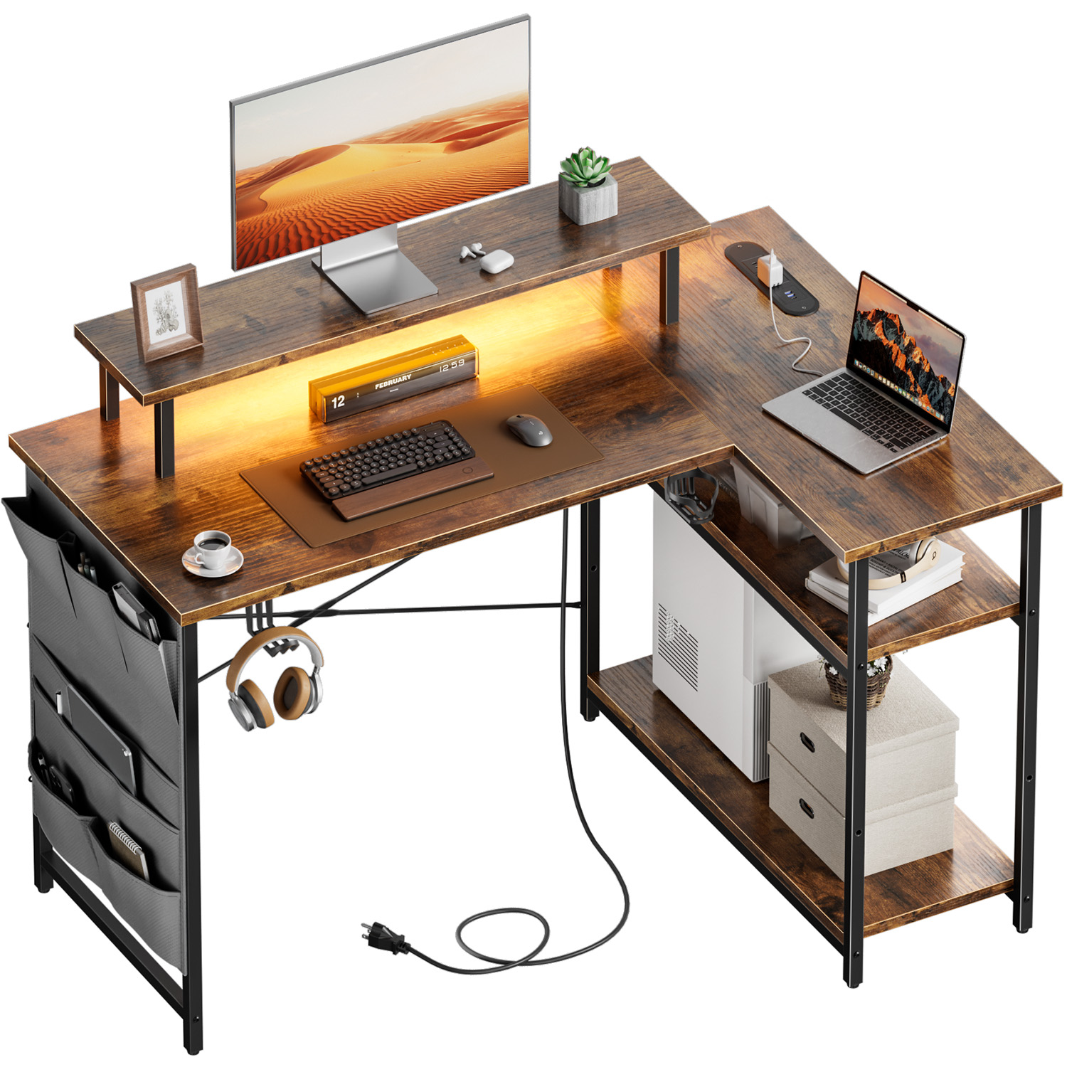 Office Furniture Suppliers - L-vormig computerbureau, voorzien van stopcontacten en