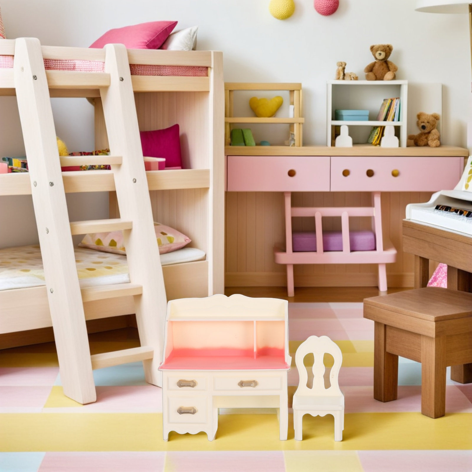 Office Furniture And Desks - 5 sets miniatuur poppenhuismeubilair, moderne bureaustoelen,